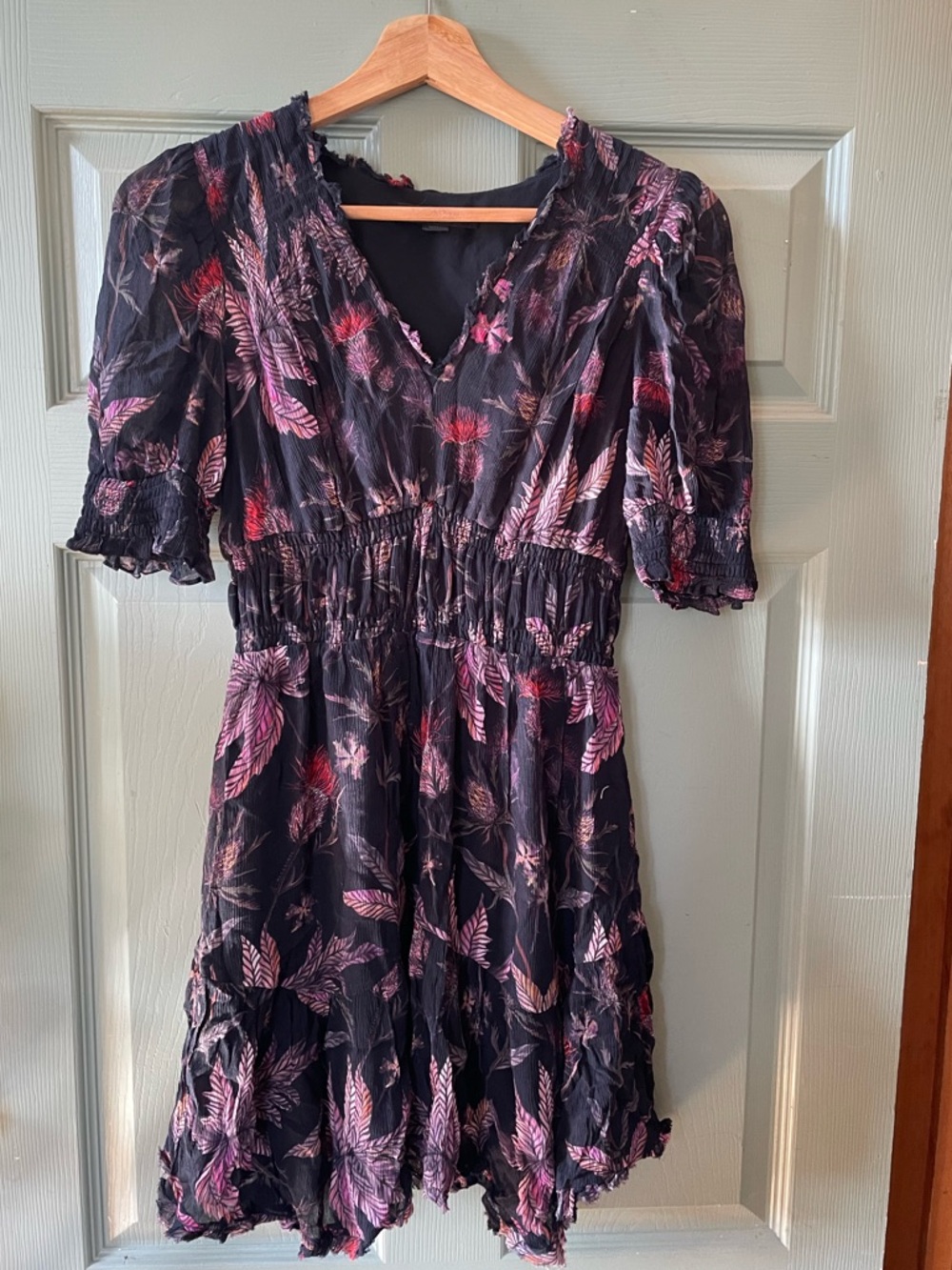 AllSaints Black Mini Dress with Pink & Red Floral Print